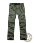 Olive green convertible tactical hiking pants with multiple pockets and chain accents for outdoor use
