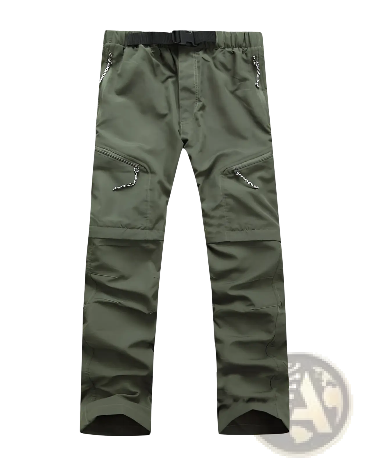 Olive green convertible tactical hiking pants with multiple pockets and chain accents for outdoor use
