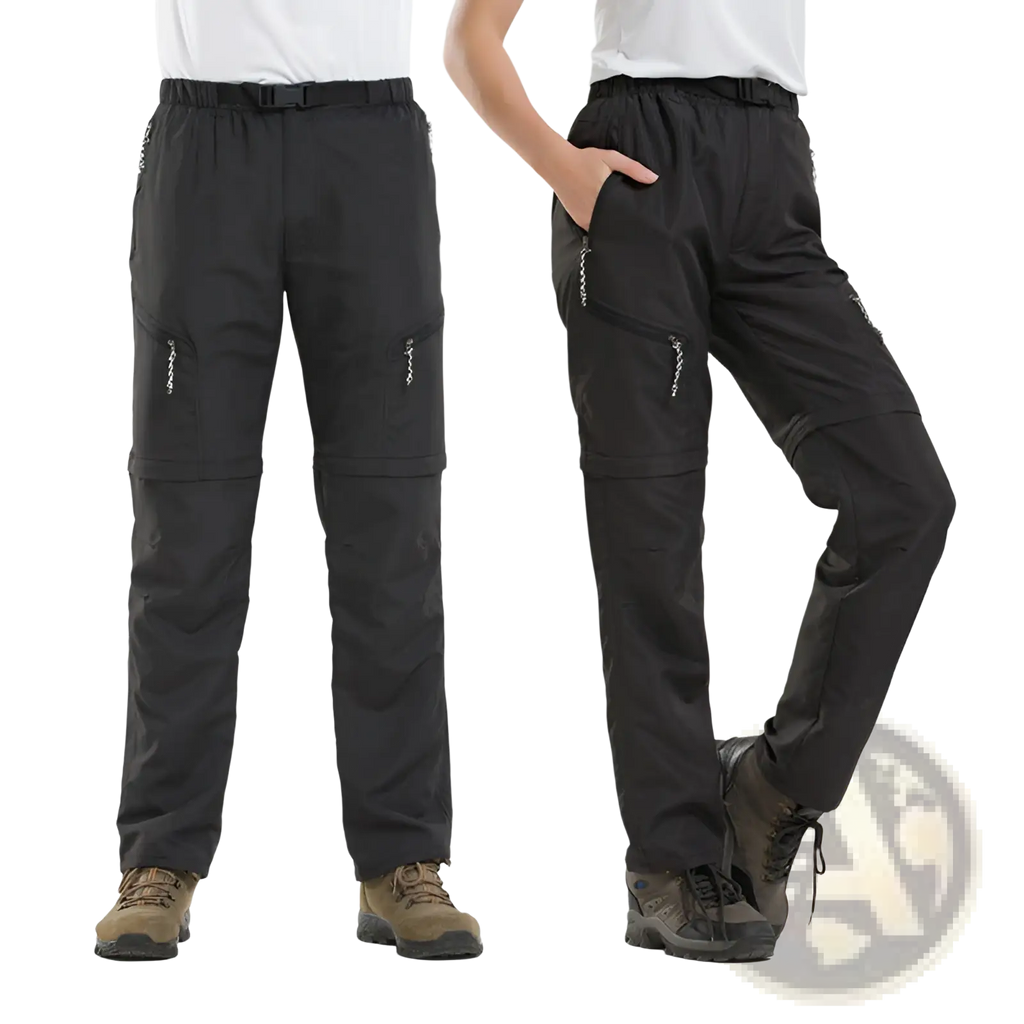 Black convertible tactical hiking pants with multiple zippered pockets and elastic waistband designed for outdoor use