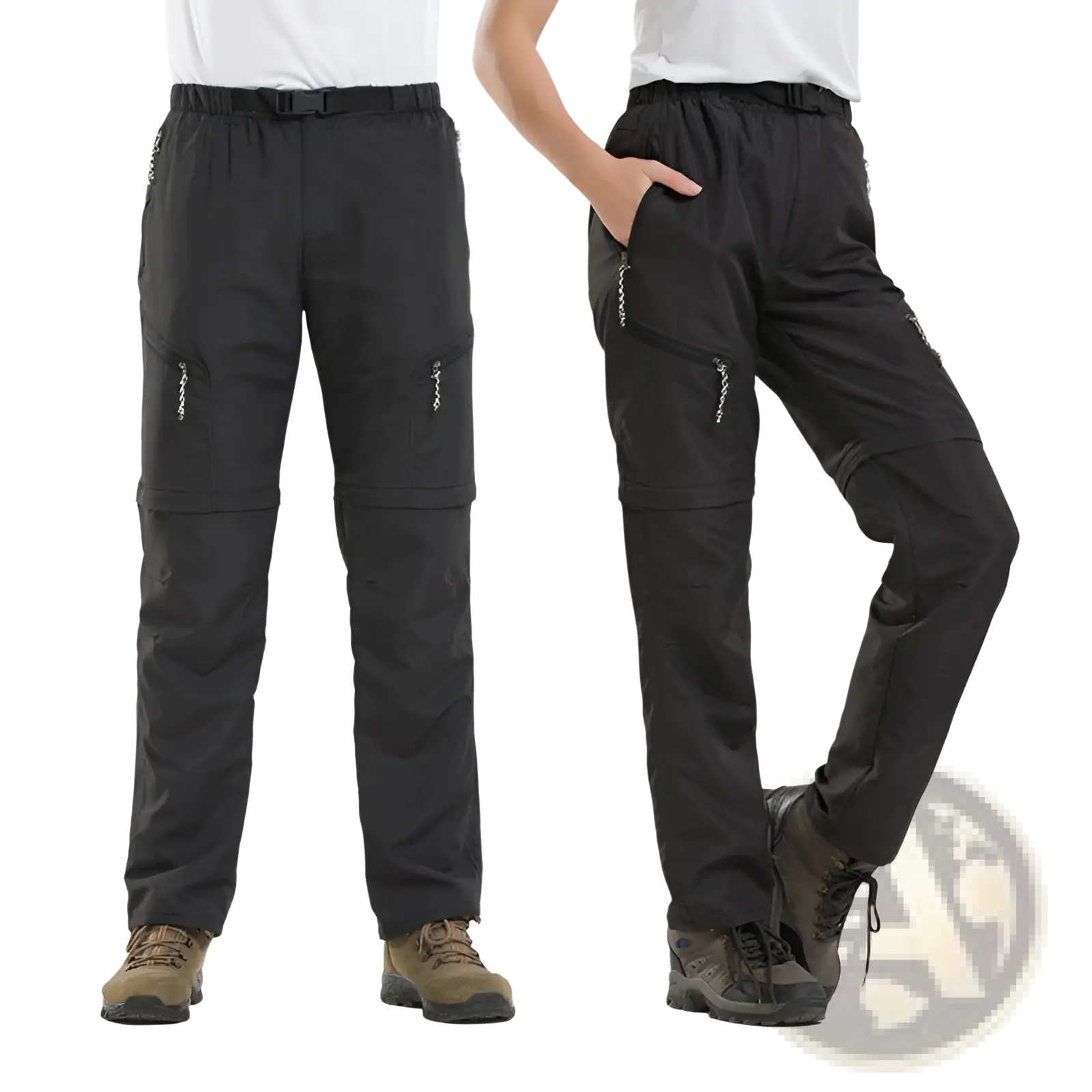 Black convertible tactical hiking pants with multiple zippered pockets and elastic waistband designed for outdoor use