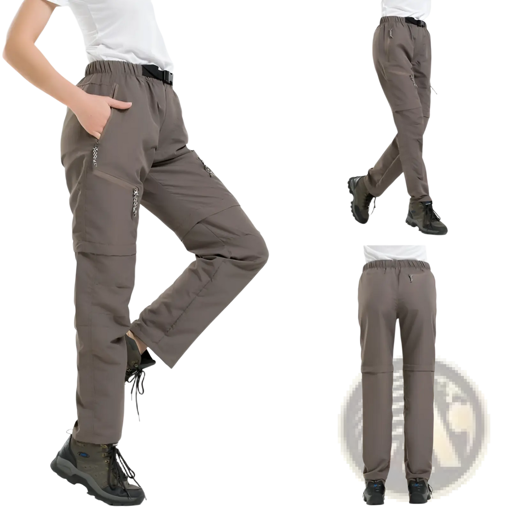 Convertible tactical hiking pants in gray featuring multiple cargo pockets and a comfortable drawstring waistband