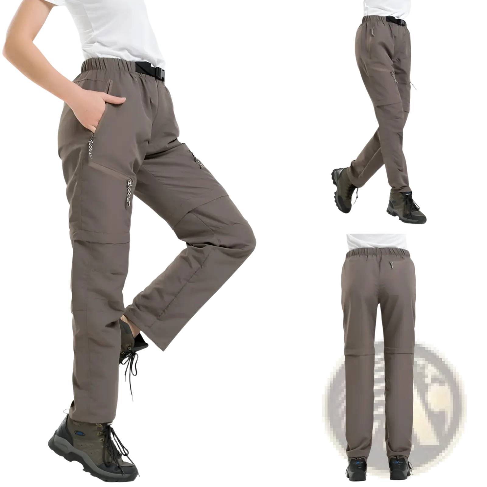Convertible tactical hiking pants in gray featuring multiple cargo pockets and a comfortable drawstring waistband