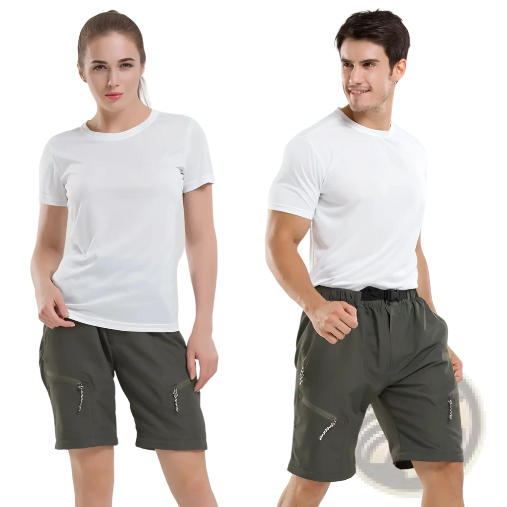 Olive green convertible tactical hiking pants with multiple zippered pockets and elastic waistband shown from the back side