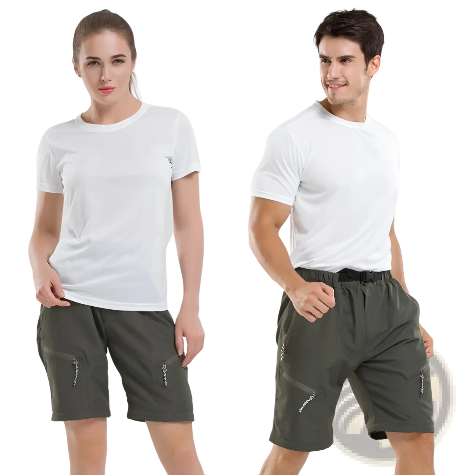 Olive green convertible tactical hiking pants with multiple zippered pockets and elastic waistband shown from the back side