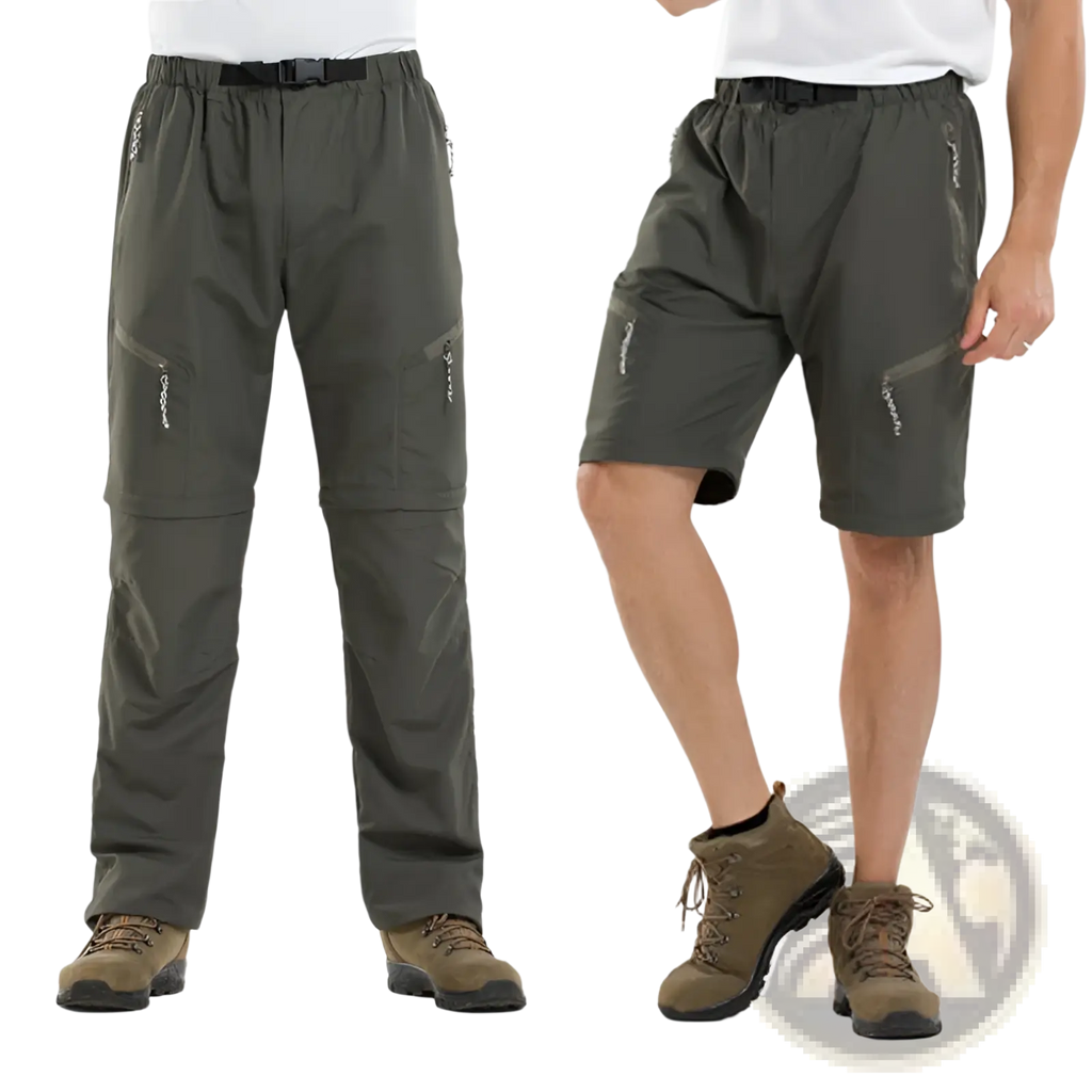 Olive green convertible tactical hiking pants with multiple zippered pockets and elastic waistband for outdoor use
