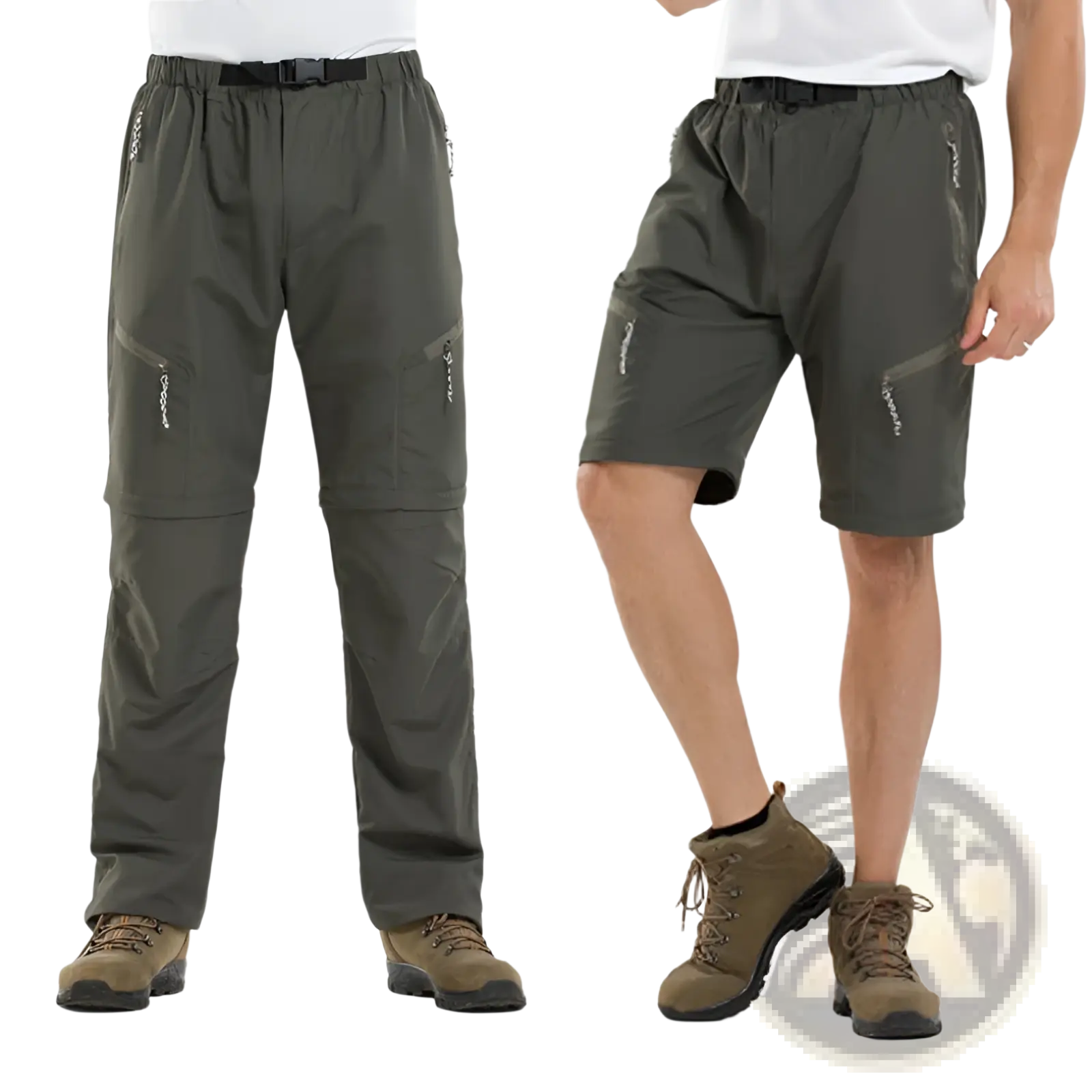 Olive green convertible tactical hiking pants with multiple zippered pockets and elastic waistband for outdoor use