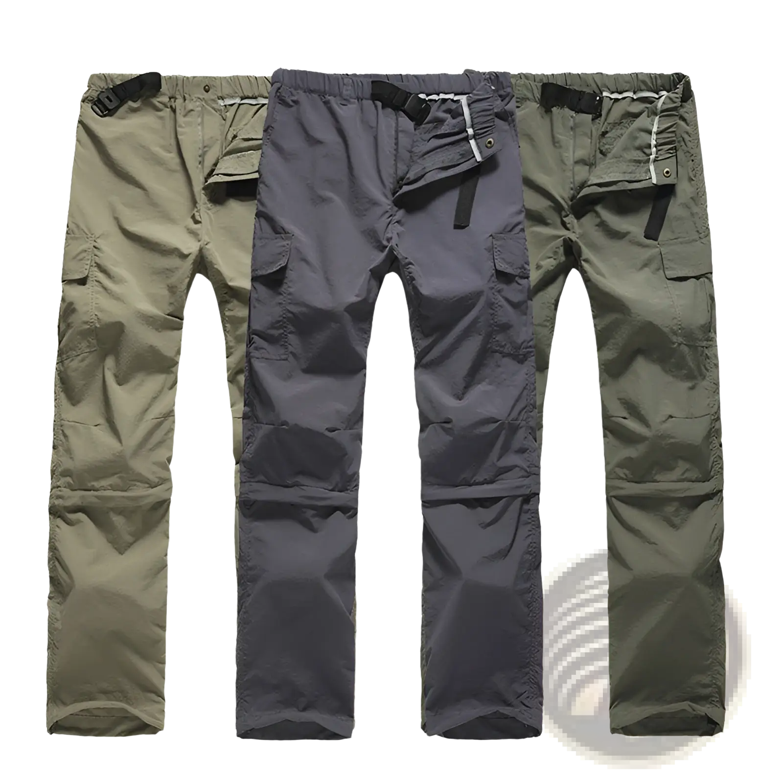 Three pairs of olive green and dark gray convertible tactical hiking pants with elastic waistbands and cargo pockets