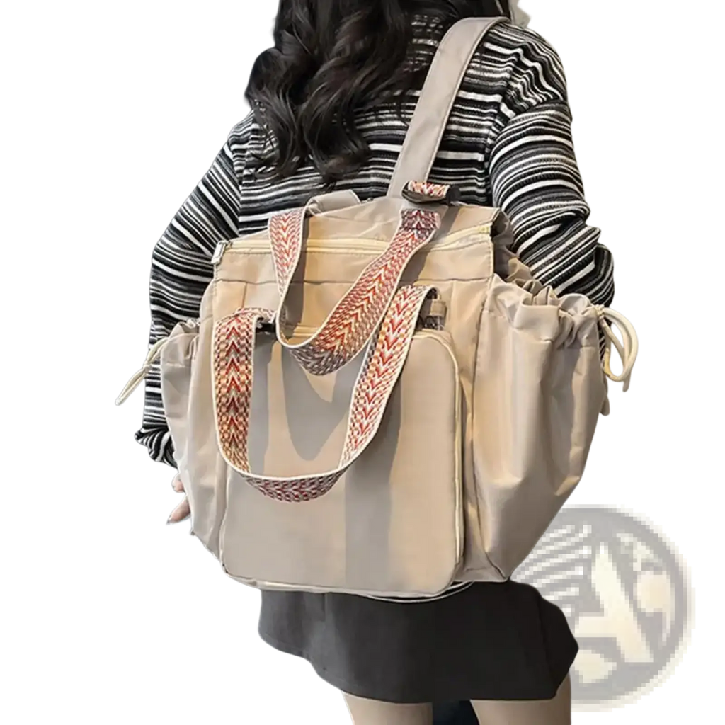 Beige canvas convertible tote backpack with woven red and beige straps large capacity nylon bag