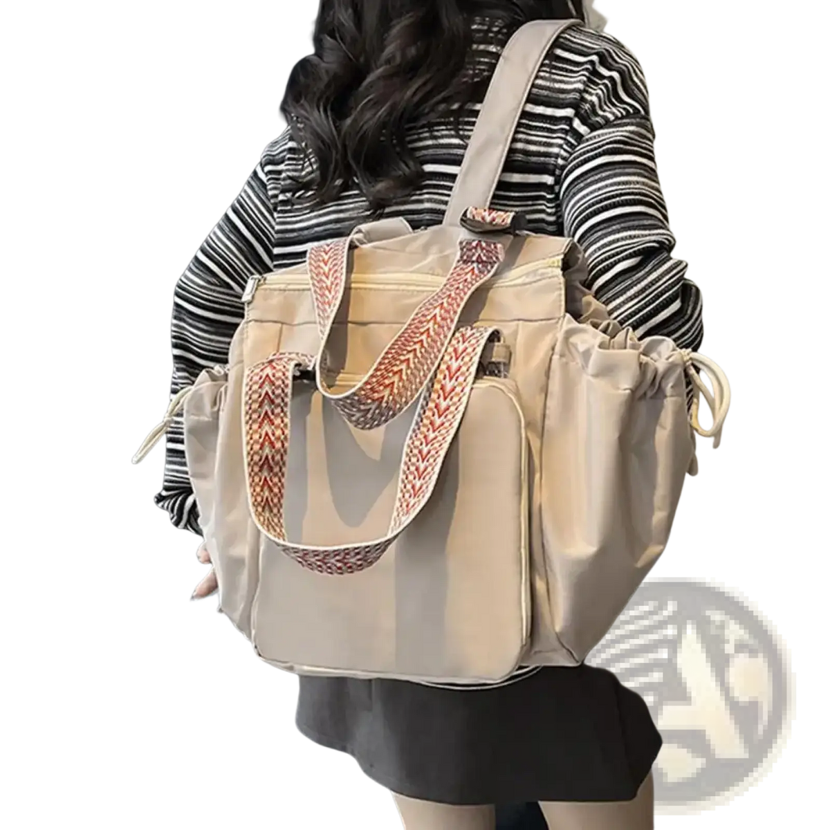 Beige canvas convertible tote backpack with woven red and beige straps large capacity nylon bag