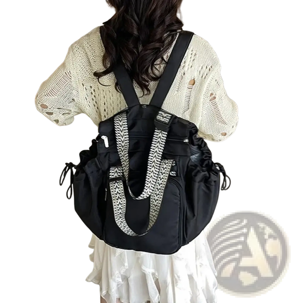 Black nylon convertible tote backpack with large capacity and black and white geometric-patterned shoulder straps