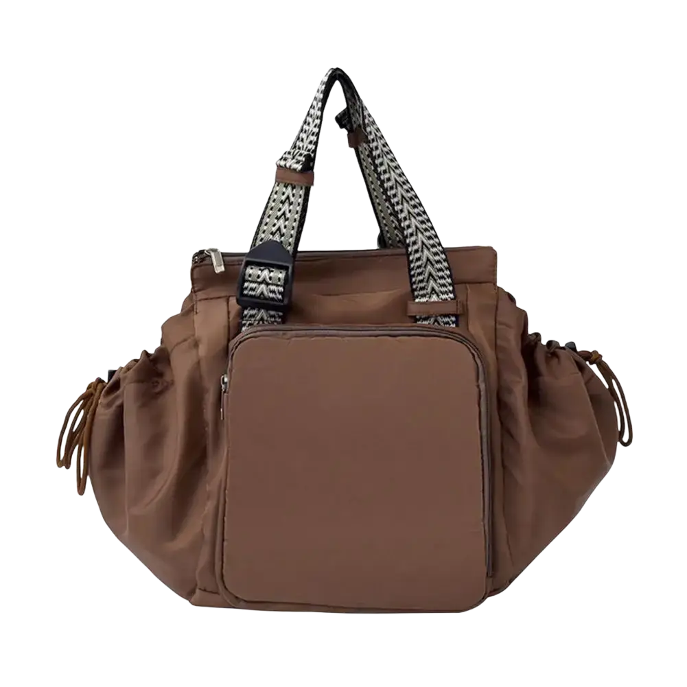 Brown nylon convertible tote backpack with large capacity and black and white herringbone-patterned straps