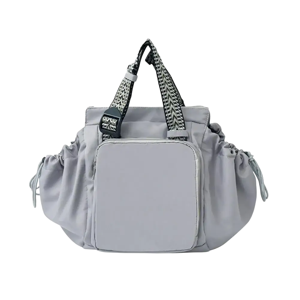 Gray nylon convertible tote backpack with large capacity and black and white herringbone-patterned handles