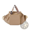 Beige nylon convertible tote backpack with large capacity, patterned woven straps, and front zippered compartment
