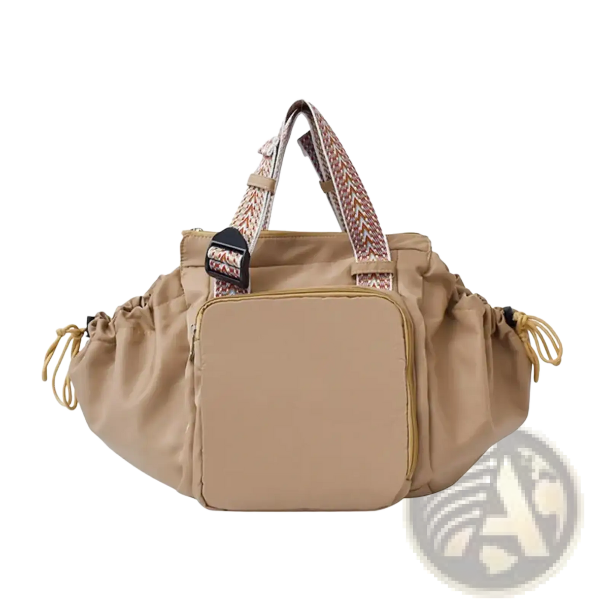 Beige nylon convertible tote backpack with large capacity, patterned woven straps, and front zippered compartment