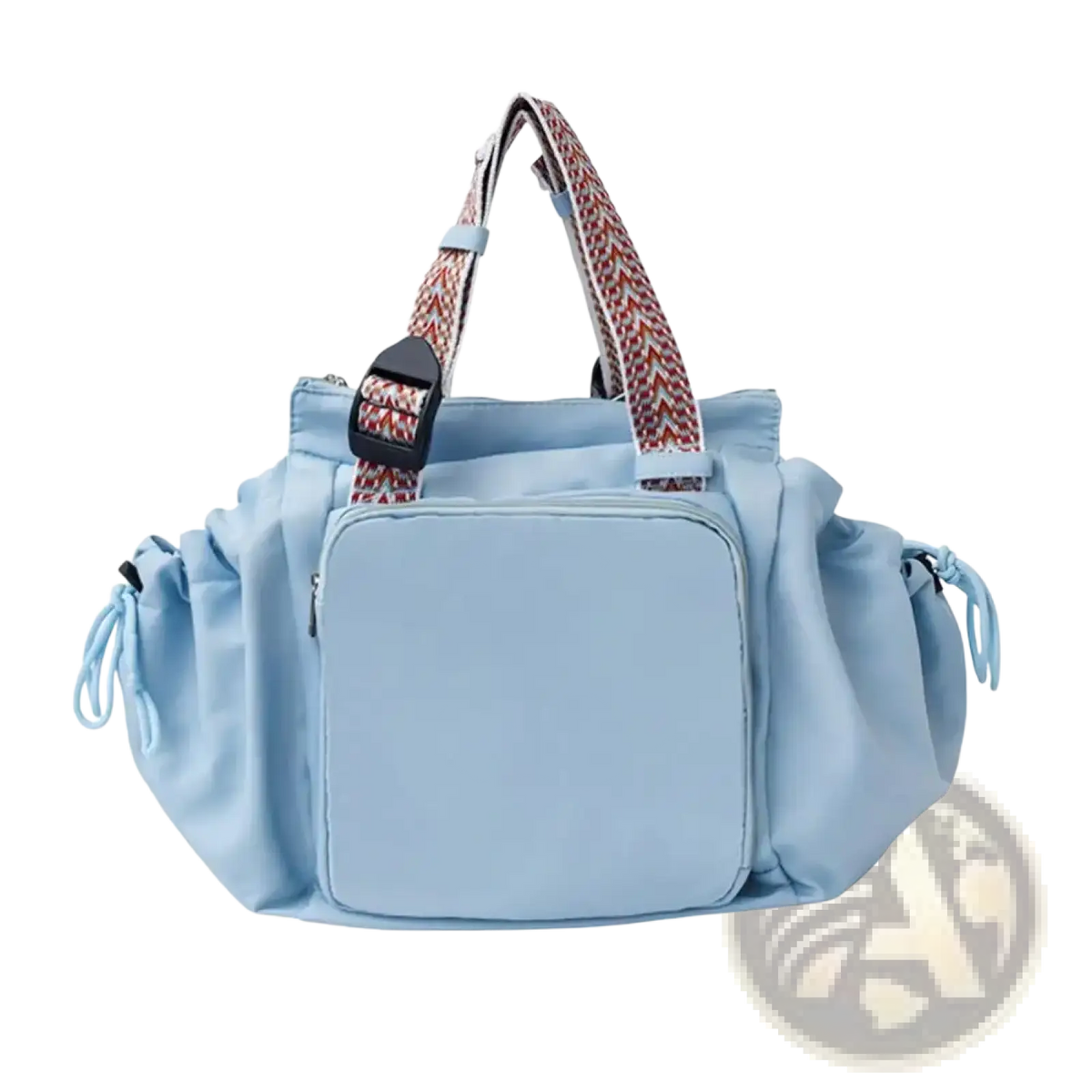 Light blue nylon convertible tote backpack with patterned woven straps and front zippered compartment