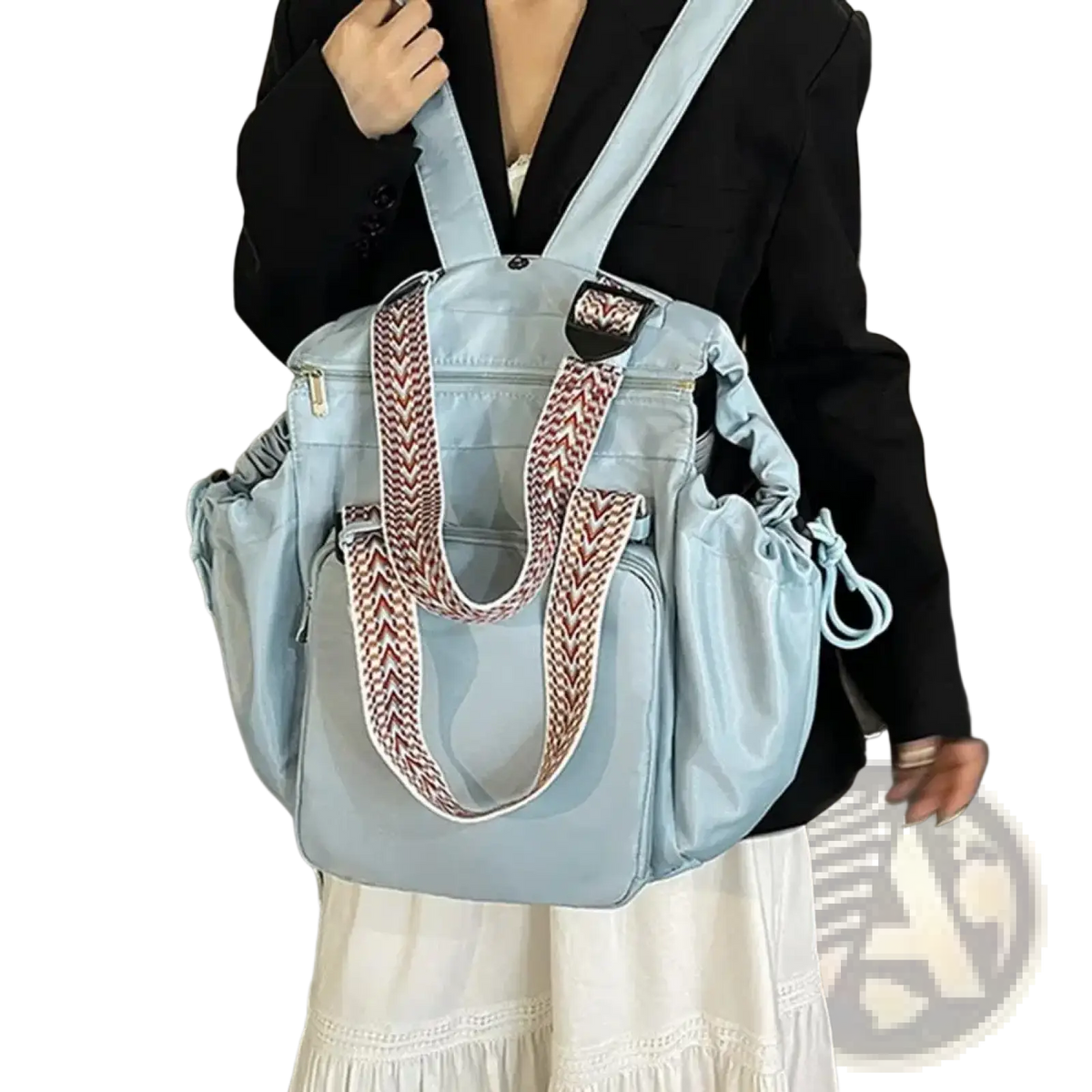 Light blue canvas convertible tote backpack with braided red and white shoulder straps and large capacity nylon material