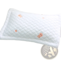 White quilted cool ice silk baby pillow with soft pink embroidered bear faces for infant comfort and support