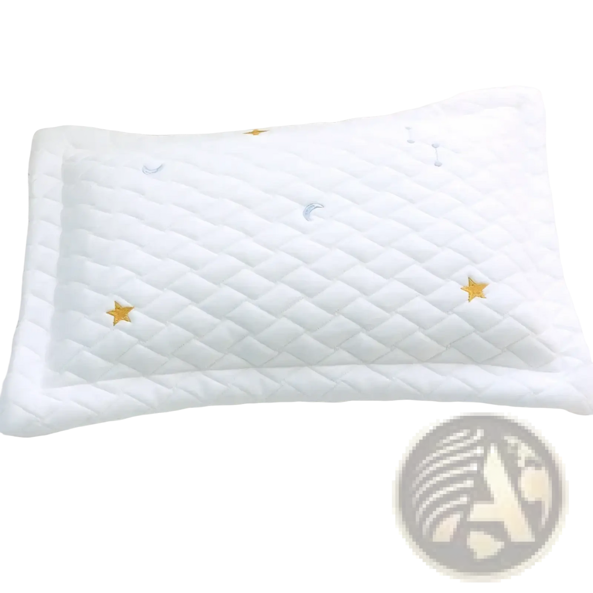 White quilted cool ice silk baby pillow with gold and silver embroidered stars and moons and bear embroidery