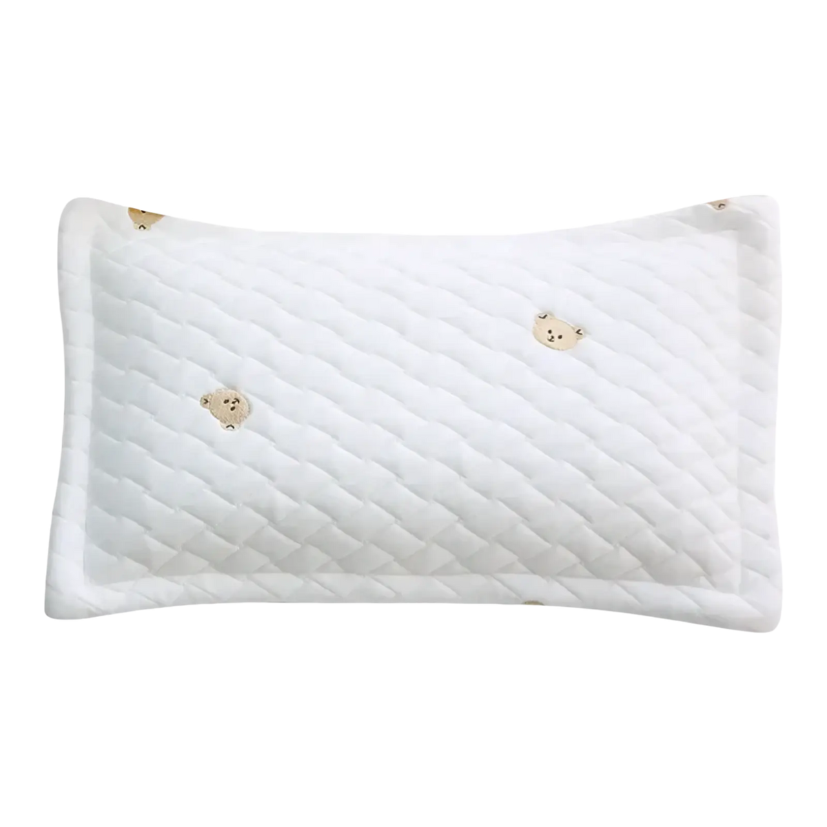 White quilted cool ice silk baby pillow sham with embroidered beige bear faces for infant comfort