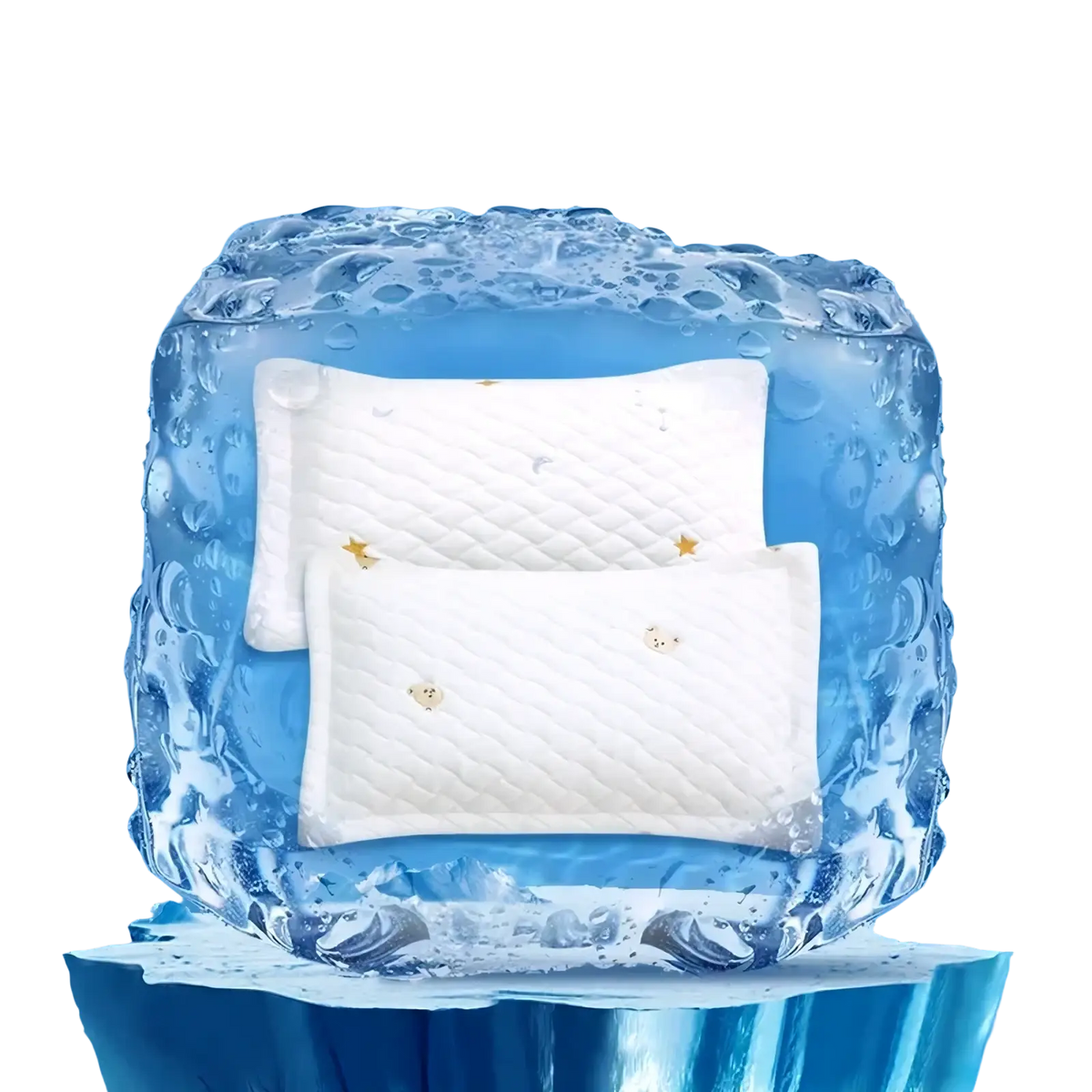 White quilted cool ice silk baby pillow with embroidered star and bear motifs designed for summer comfort