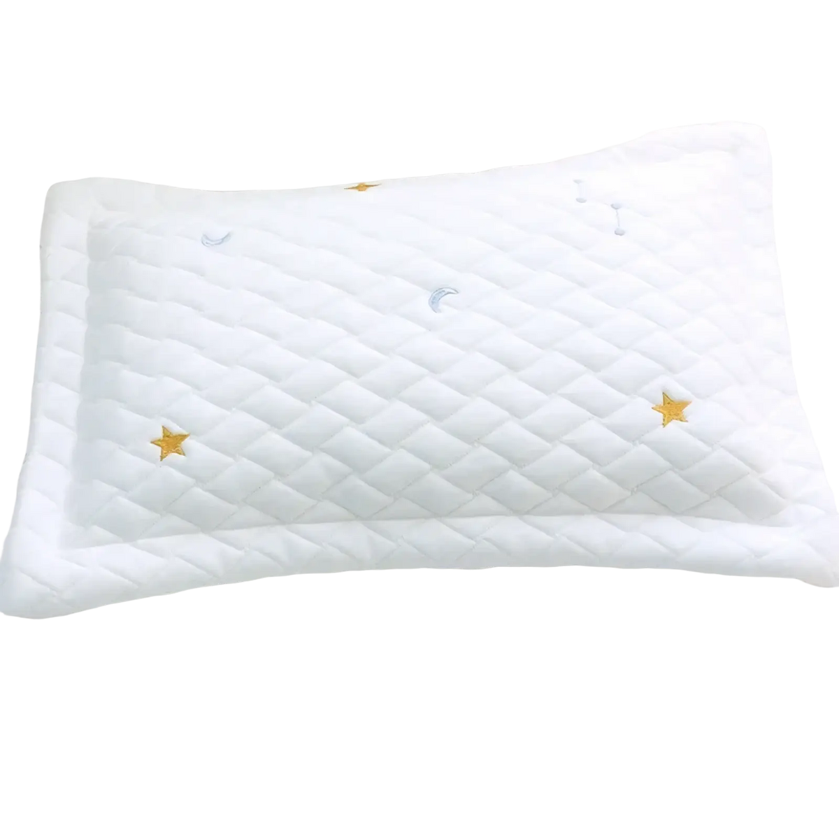 White quilted cool ice silk baby pillow with gold and silver embroidered stars and moons and bear embroidery