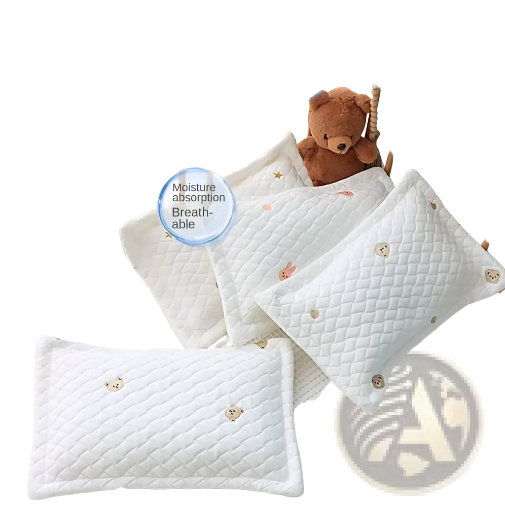 White quilted ice silk baby pillow with bear embroidery featuring soft breathable material for infant comfort