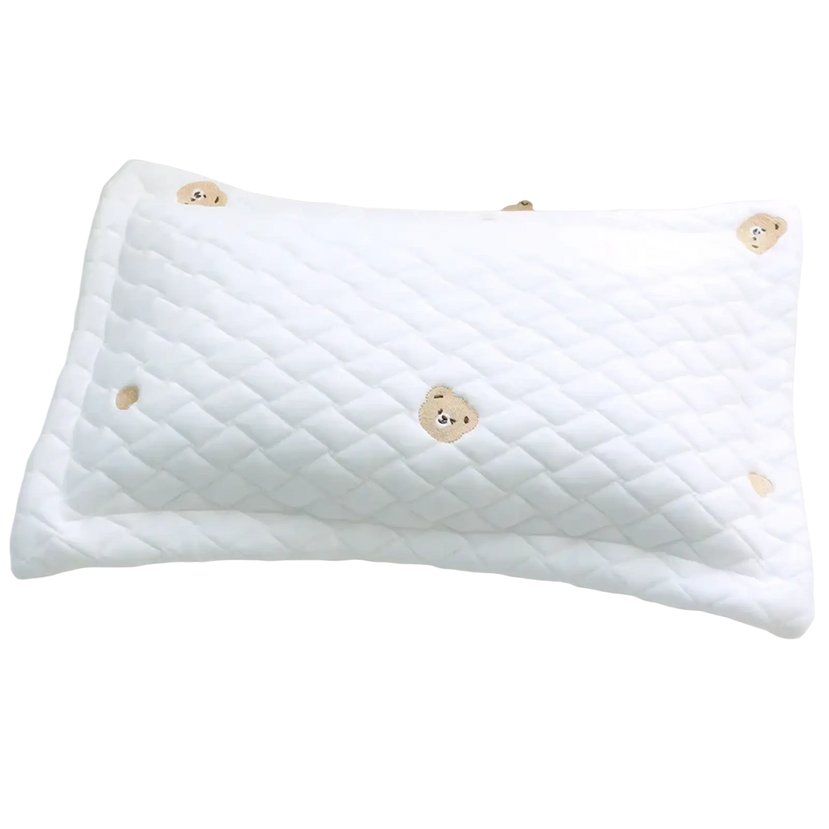 White quilted cool ice silk baby pillow featuring embroidered beige bear faces for infant comfort and support