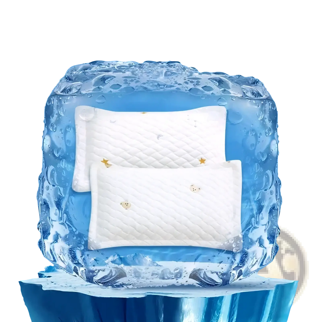 White quilted cool ice silk baby pillow with embroidered star and bear motifs designed for summer comfort