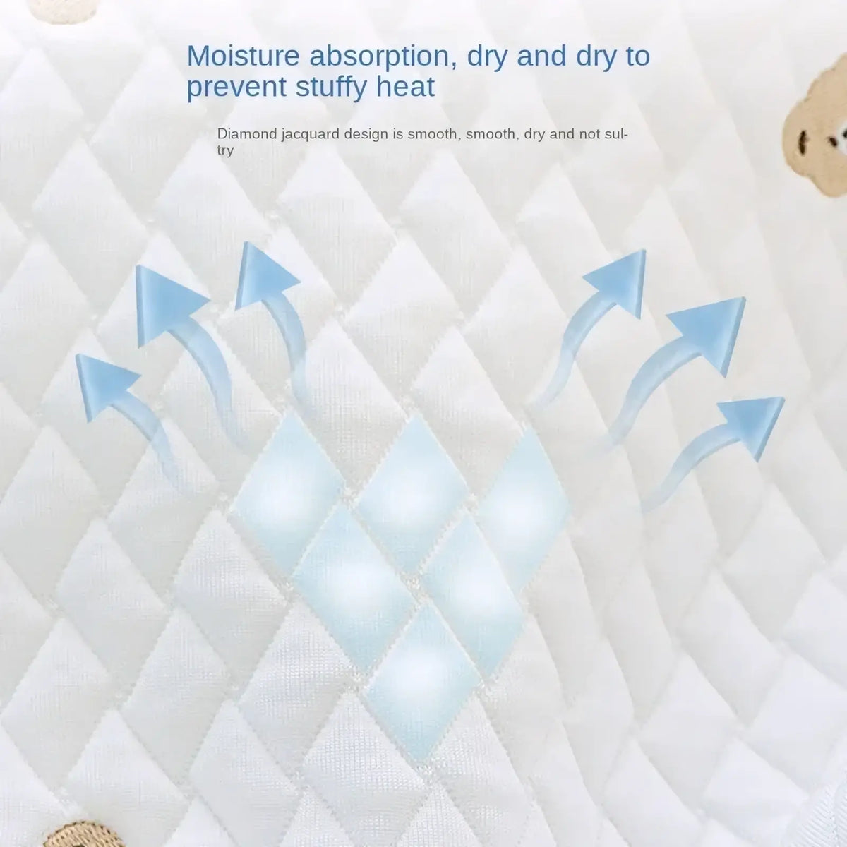 White quilted cool ice silk baby pillow with bear embroidery featuring diamond jacquard pattern for breathability