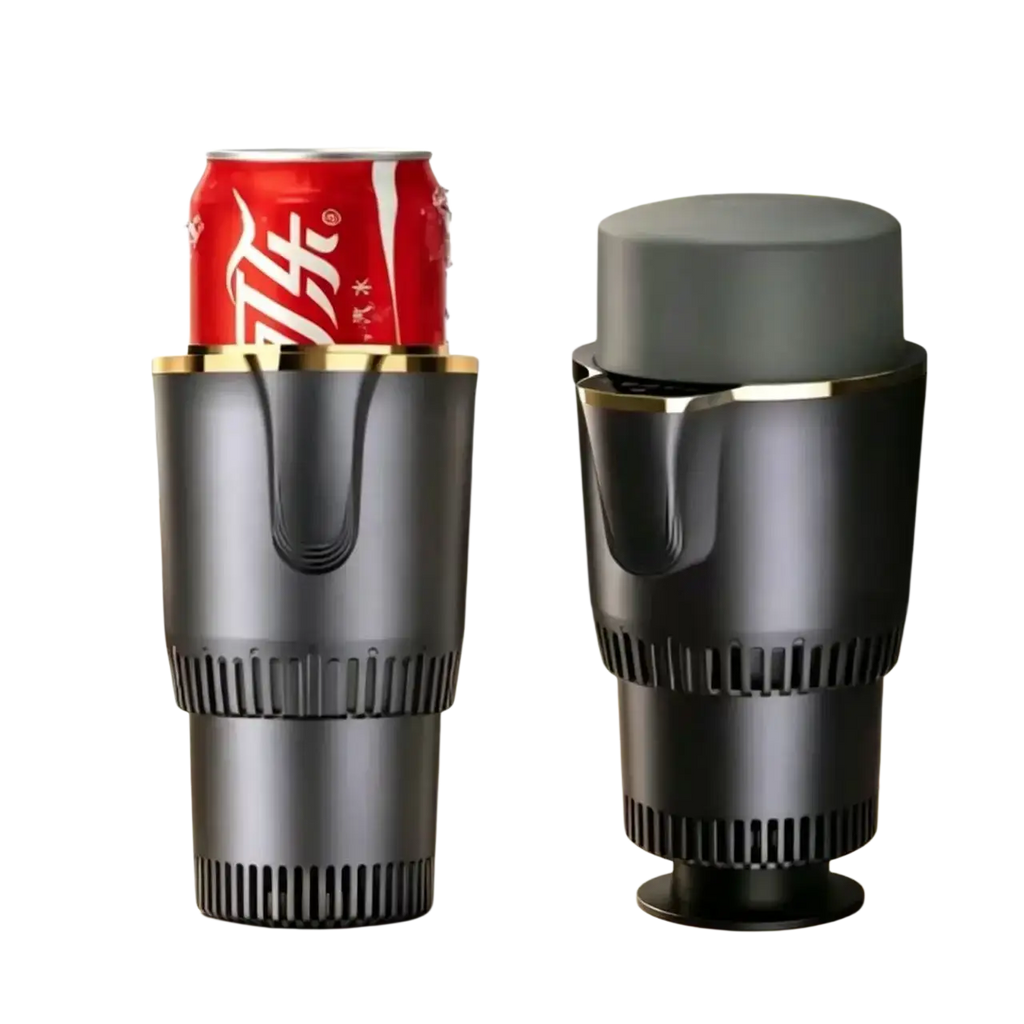 Black cup holder portable cooling cup with gold trim and vented design holding a red coca-cola can