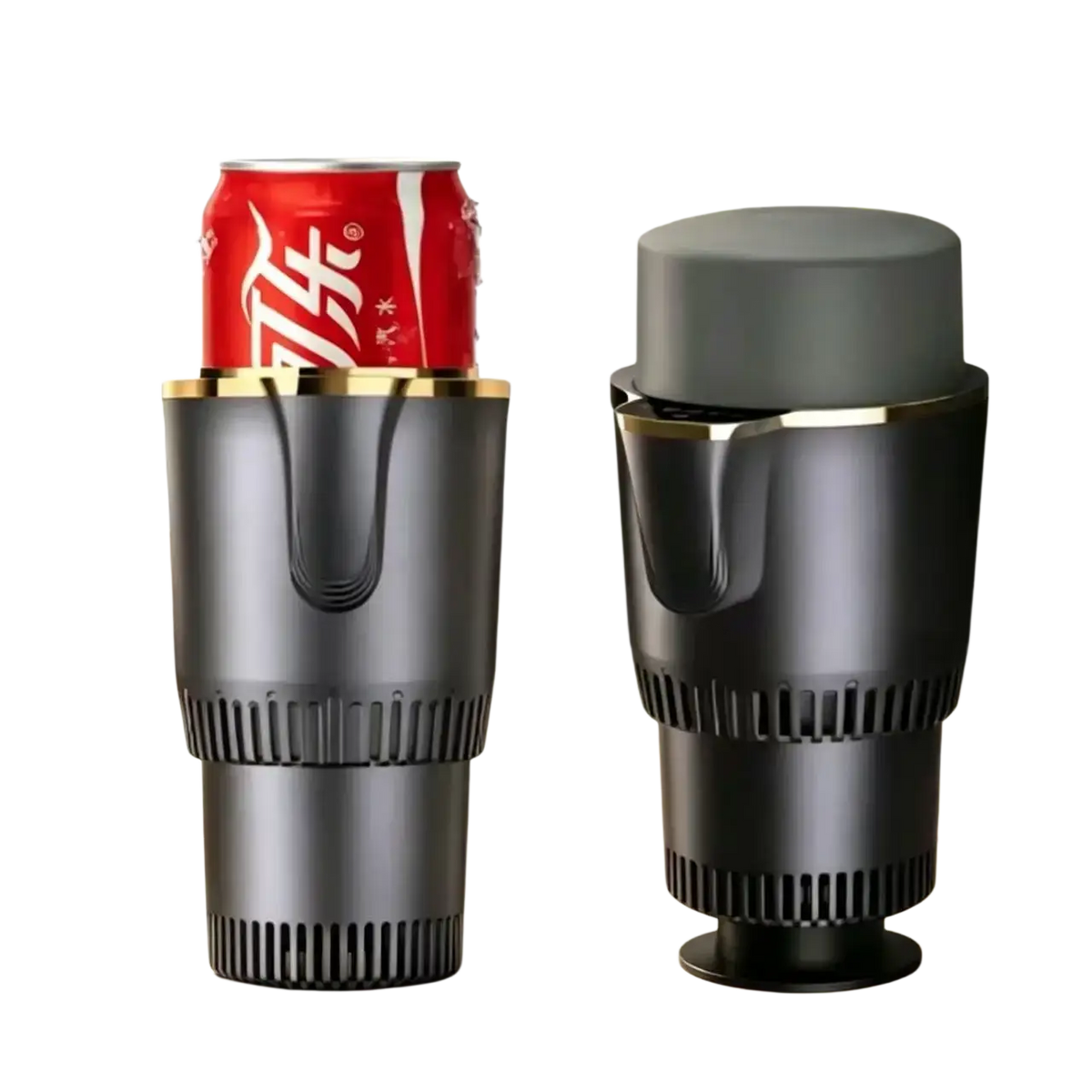 Black cup holder portable cooling cup with gold trim and vented design holding a red coca-cola can