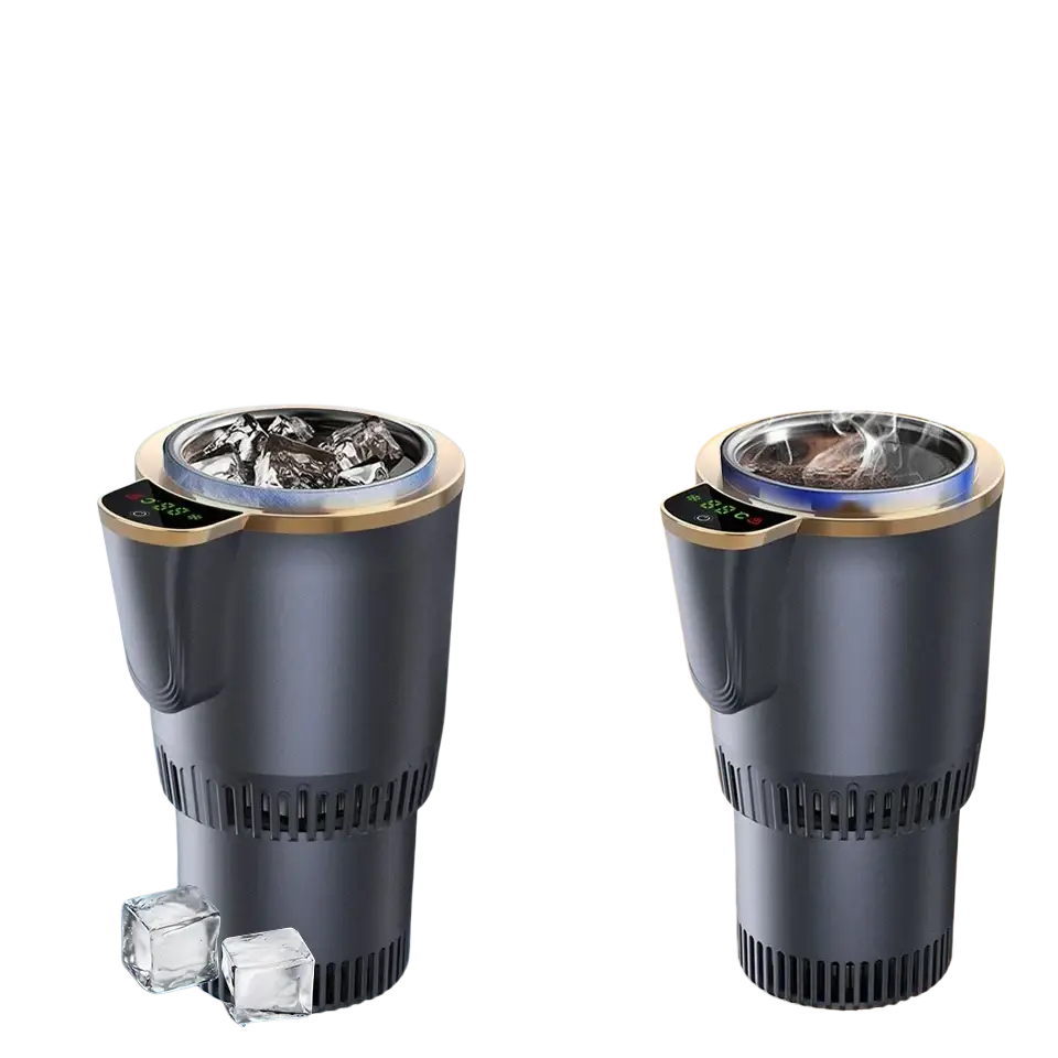 Black cylindrical cooling cup holder portable car beverage warmer with gold trim digital display heating and cooling functions