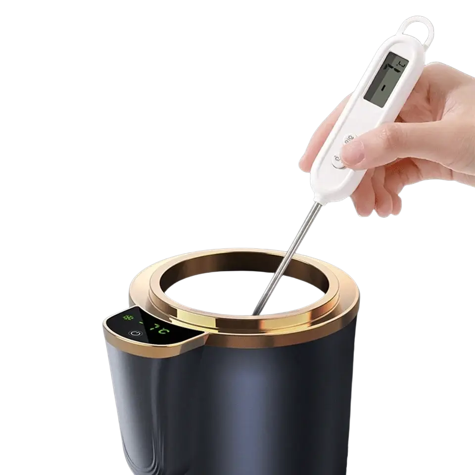 Black and gold insulated travel mug with digital temperature display for cup holder portable cooling cup use