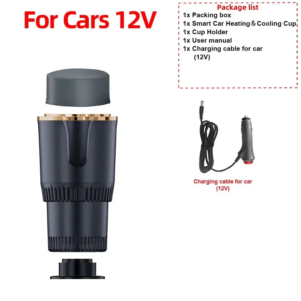 Black and gold smart car cup holder portable cooling cup with sleek cylindrical design for heating and cooling beverages