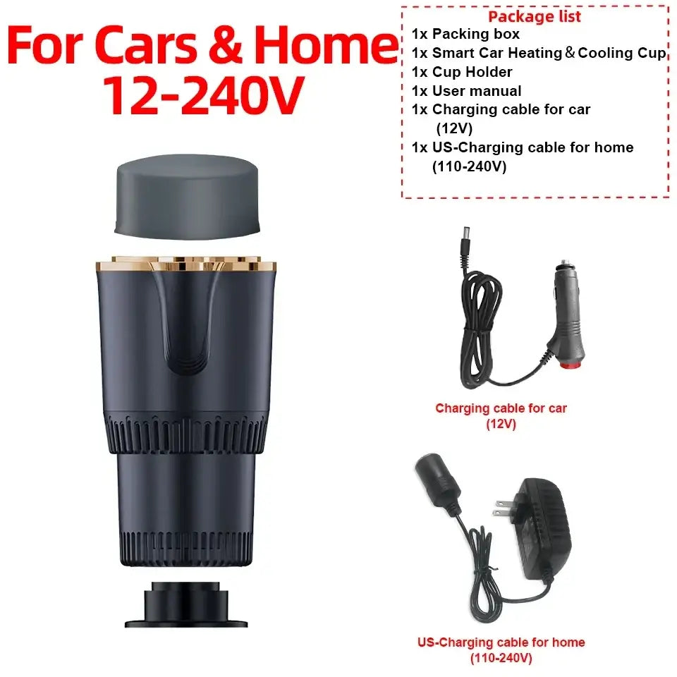 Black and gold smart car heating and cooling cup with sleek cylindrical design for portable cup holder use