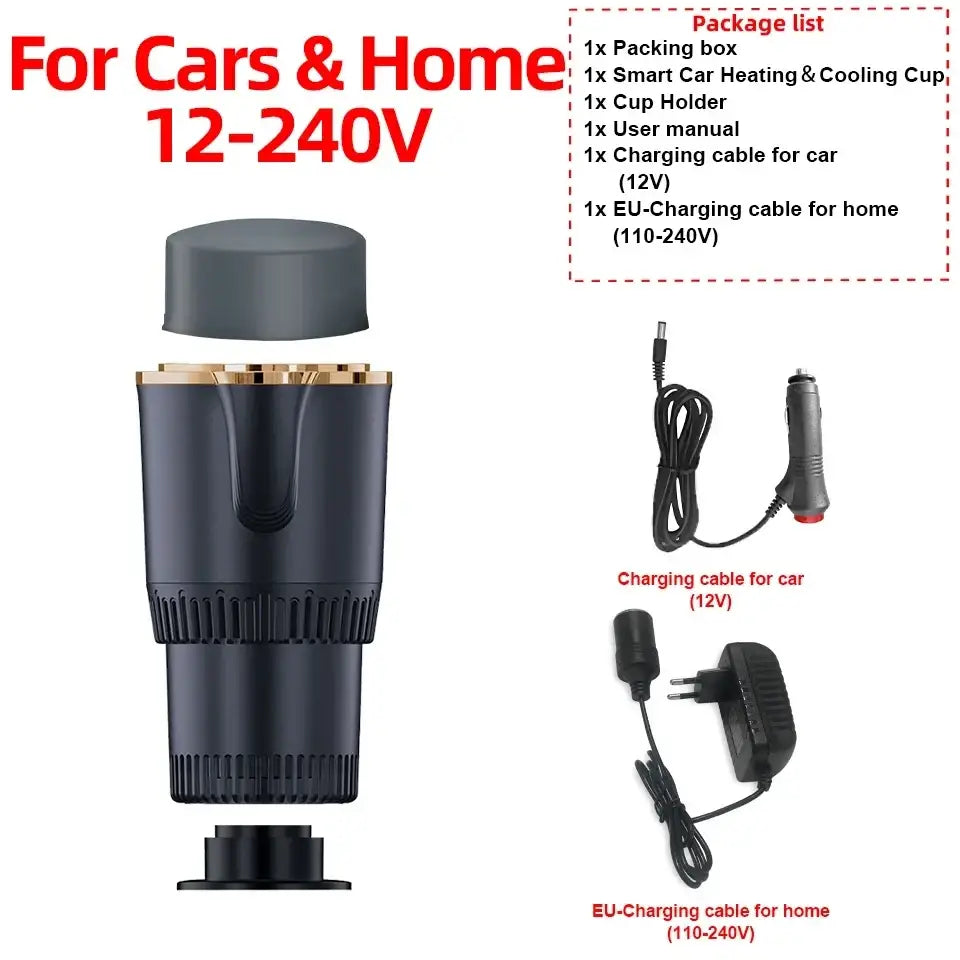 Black smart cooling cup with gold-colored rim designed as a portable cup holder for car beverage heating and cooling
