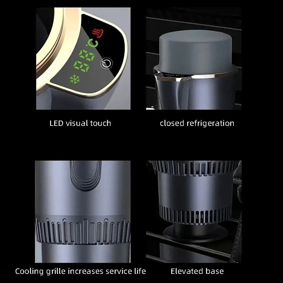 Silver-toned sleek cooling cup holder with digital led display and closed refrigeration system for portable use