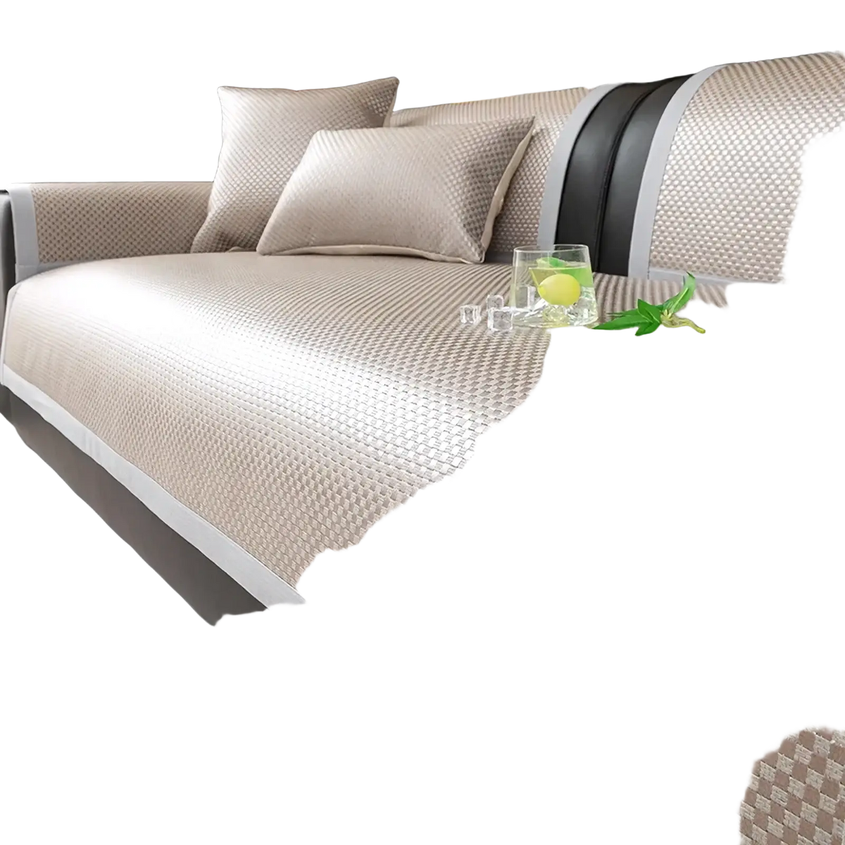 Beige cooling rattan sofa cushion with woven fabric cover, subtle grid pattern, nonslip black trim protector