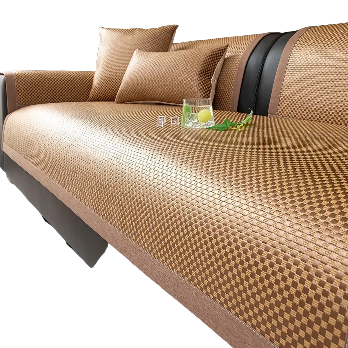 Beige woven cooling rattan sofa cushion with textured diamond pattern and dark brown trim for nonslip furniture protection