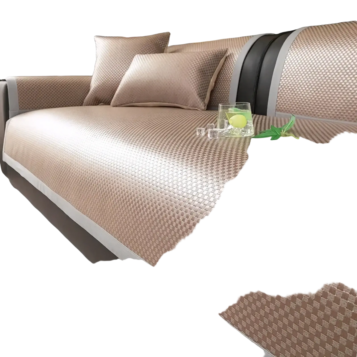 Beige woven mesh cooling rattan sofa mat with black and gray trim nonslip furniture protector cushion