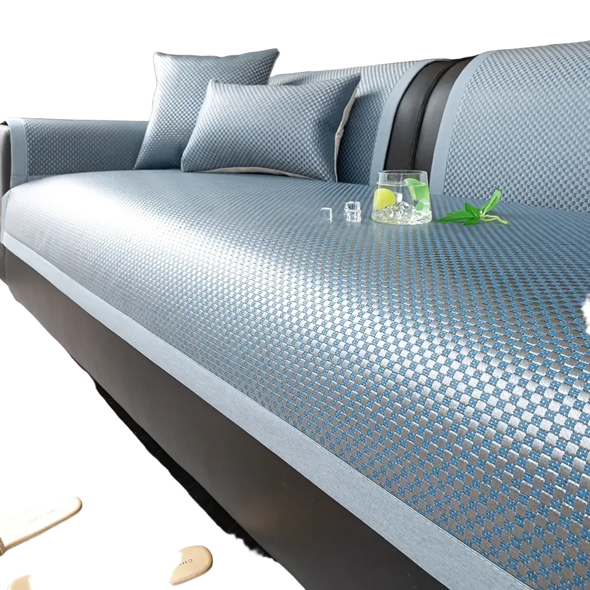 Light blue woven mesh cooling rattan sofa cushion with textured pattern and dark gray nonslip trim furniture protector