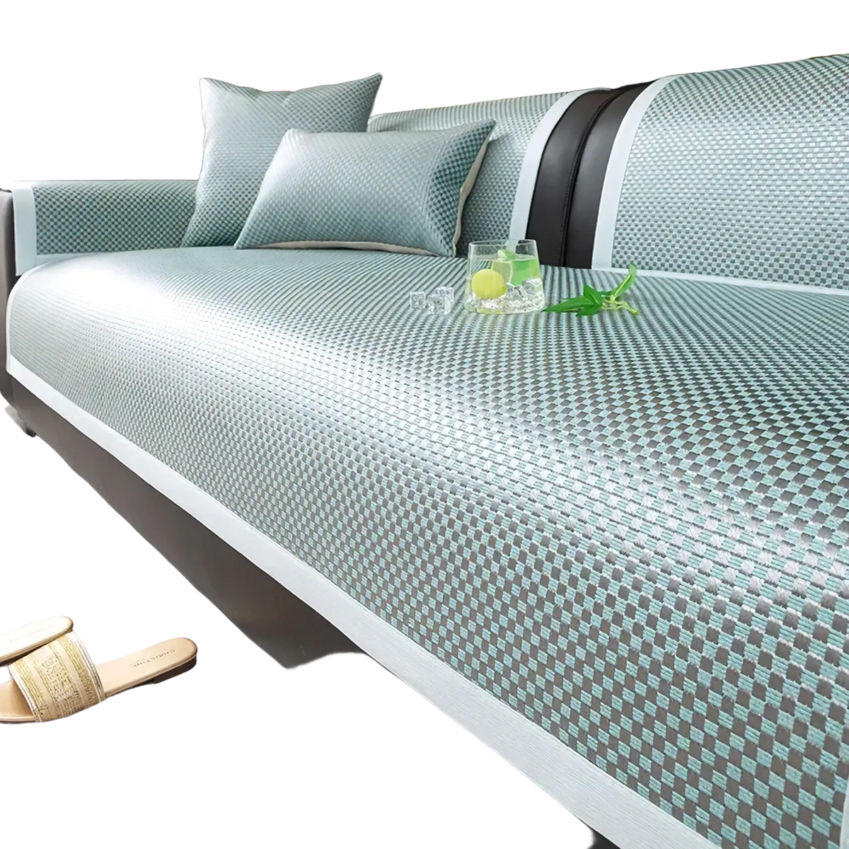 Light blue and gray checkered mesh cooling rattan sofa cushion with nonslip white trim furniture protector