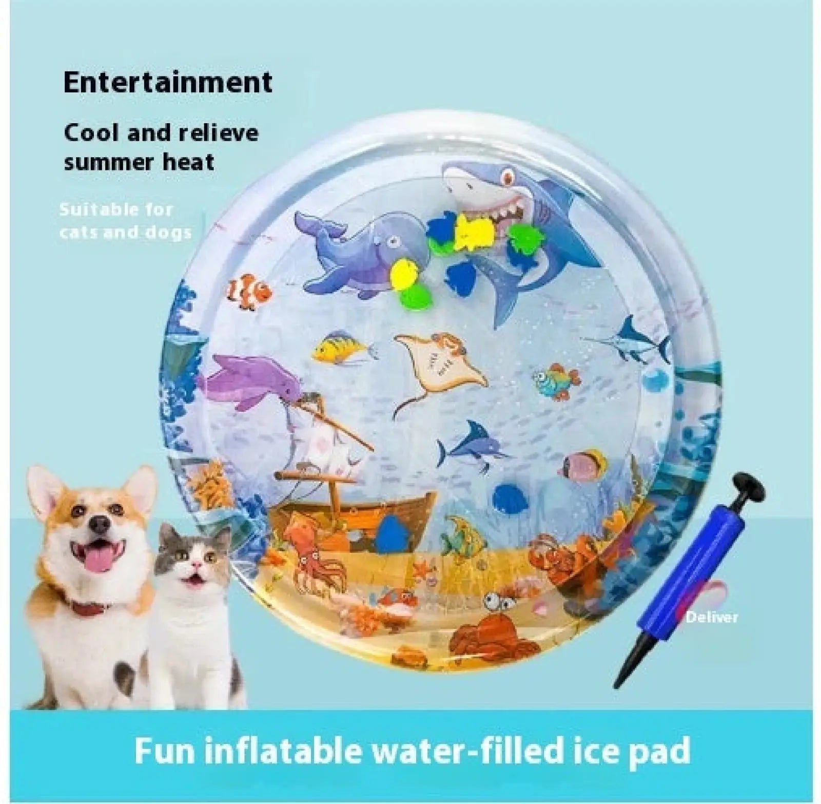 Inflatable cooling water sensory play mat for cats and dogs with colorful ocean-themed illustrations on transparent plastic