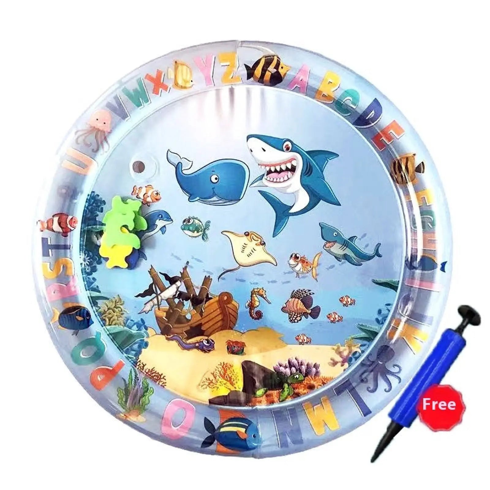 Inflatable cooling water sensory play mat for cats and dogs with colorful ocean-themed cartoon sea creatures and alphabet rim