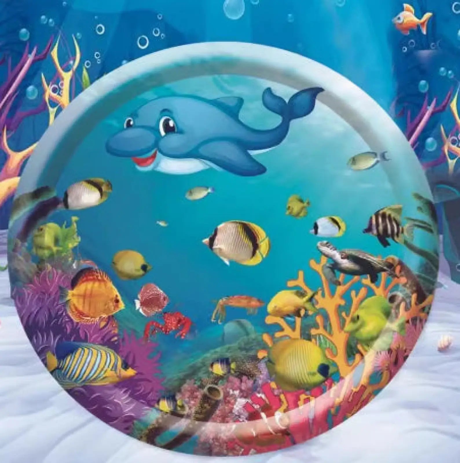 Colorful dolphin-themed inflatable pool float with vibrant coral and fish designs for cooling water sensory play mat