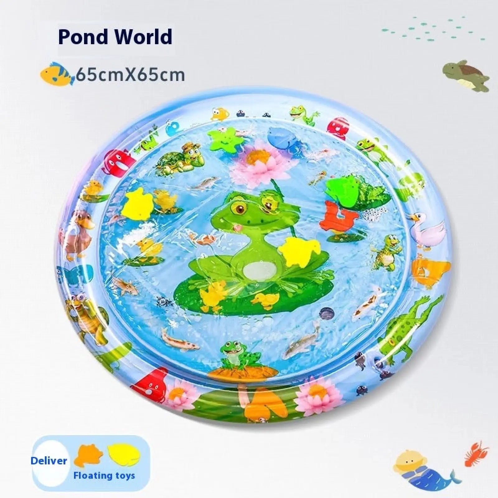 Inflatable cooling water sensory play mat for cats and dogs with vibrant green frog and colorful aquatic animals on blue design