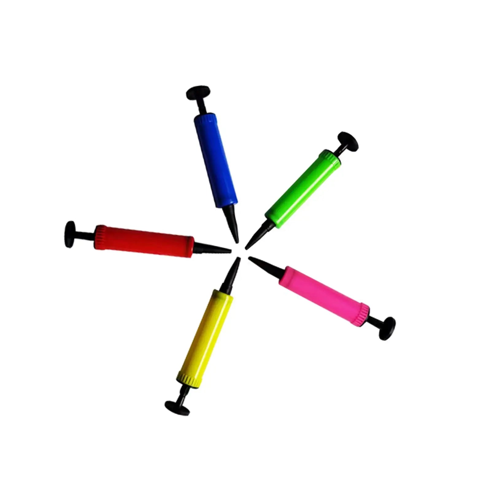 Five colorful plastic hand pumps with black handles arranged in a star pattern for cooling water sensory play mat