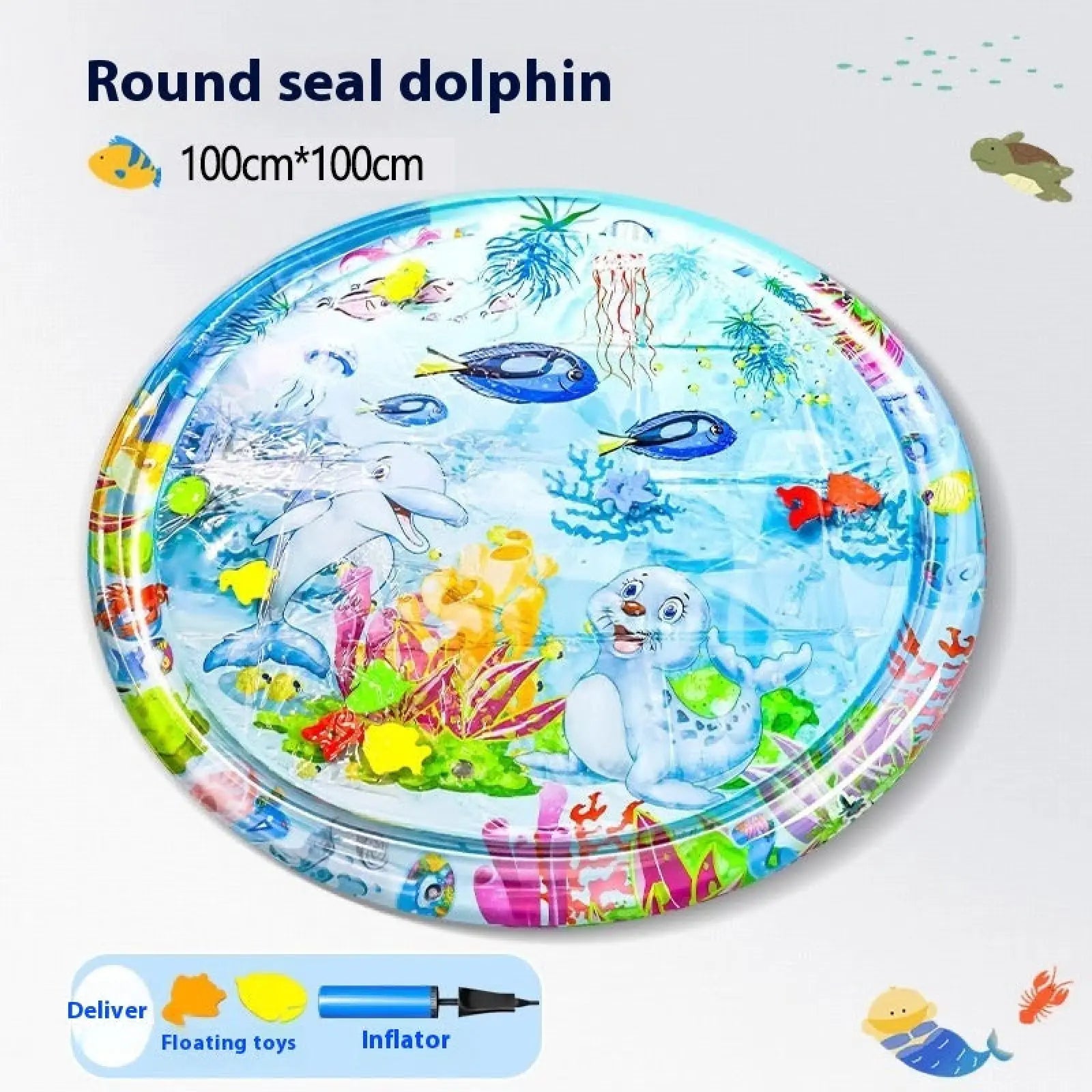 Round seal dolphin inflatable play mat in blue green and pink designed as a cooling water sensory play mat for pets