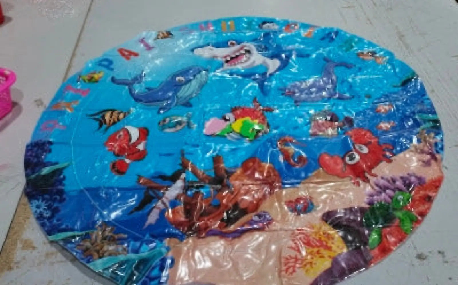 Inflatable blue cooling water sensory play mat with colorful ocean-themed fish sharks and coral for cats and dogs