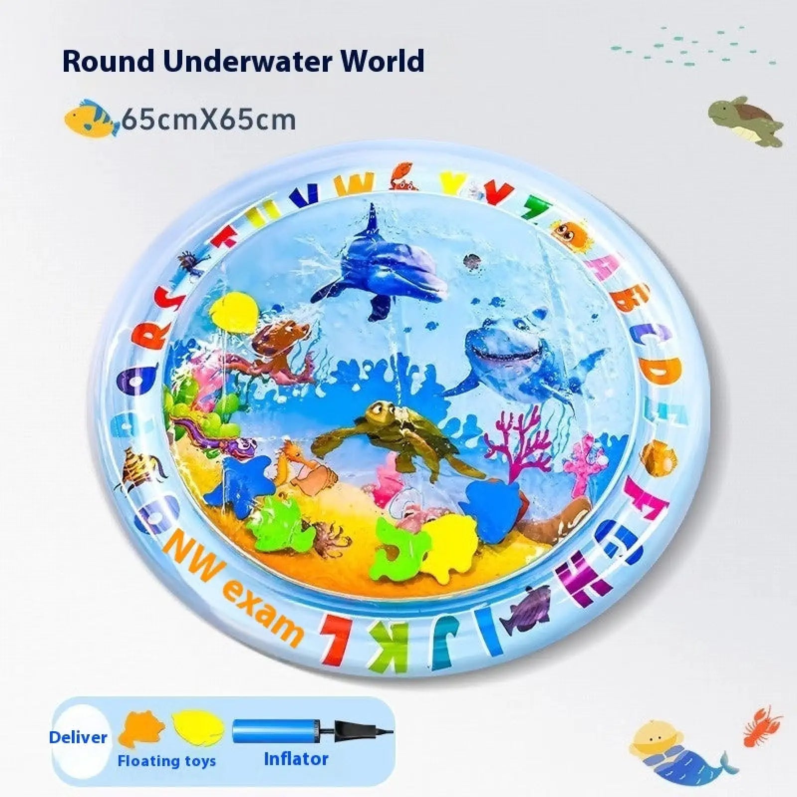 Round inflatable cooling water sensory play mat for cats and dogs with colorful cartoon sea creatures and alphabet letters